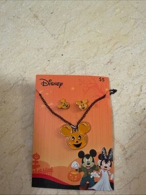 Disney Yellow Mickey Pumpkin Necklace and Stud Earring Set